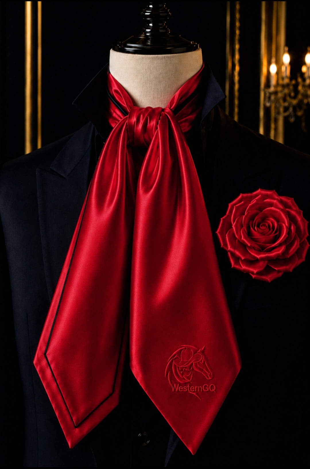 Western GQ red satin cravat scarf with matching red rose lapel brooch and Western GQ emblem on a mannequin in a chandelier-lit lounge